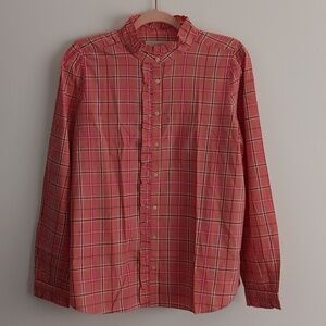 Loft Plaid Ruffle Mock Neck Button Front Shirt  #1651